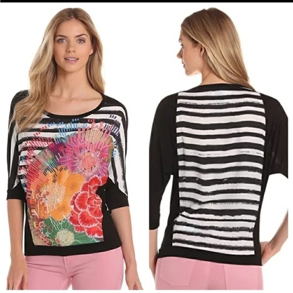 Desigual Striped Black White Floral Dolman Top S